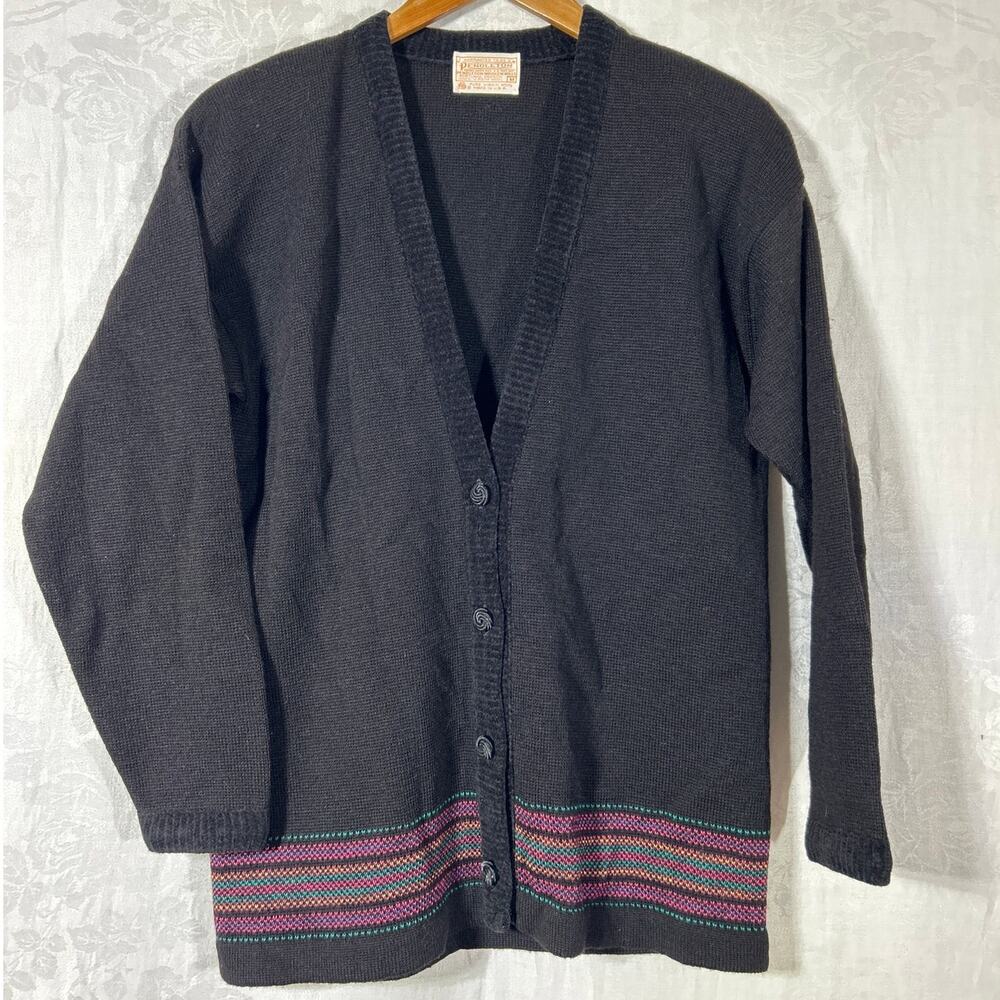 Pendleton Cardigan Sweater Medium Black Pure Virgin Wool Striped Trim Vintage